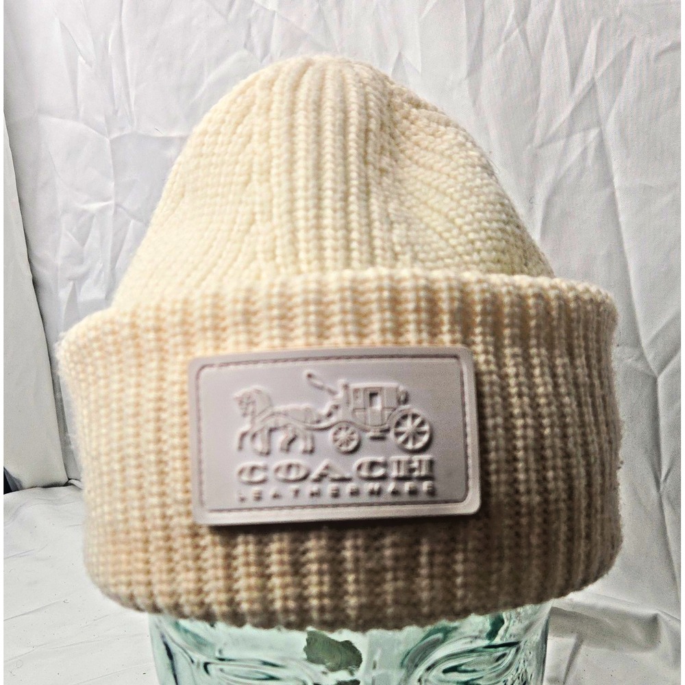 Coach Ivory Solid Knit Cuffed Beanie Hat Unisex Adults One Size Fall/Winter